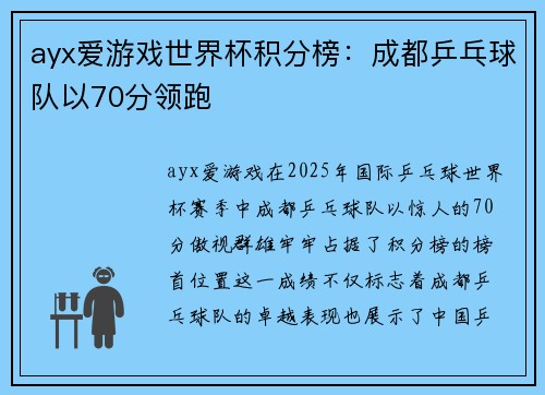 ayx爱游戏世界杯积分榜：成都乒乓球队以70分领跑