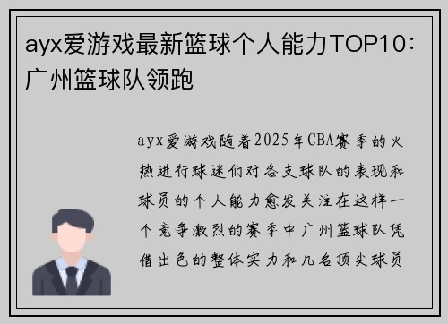 ayx爱游戏最新篮球个人能力TOP10：广州篮球队领跑